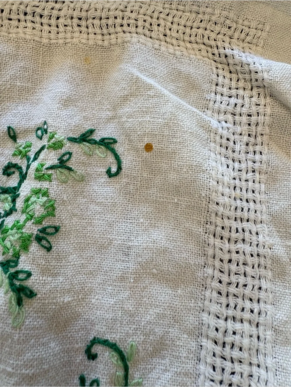 Embroidered Linen Table Runner with Green Floral Urn Design